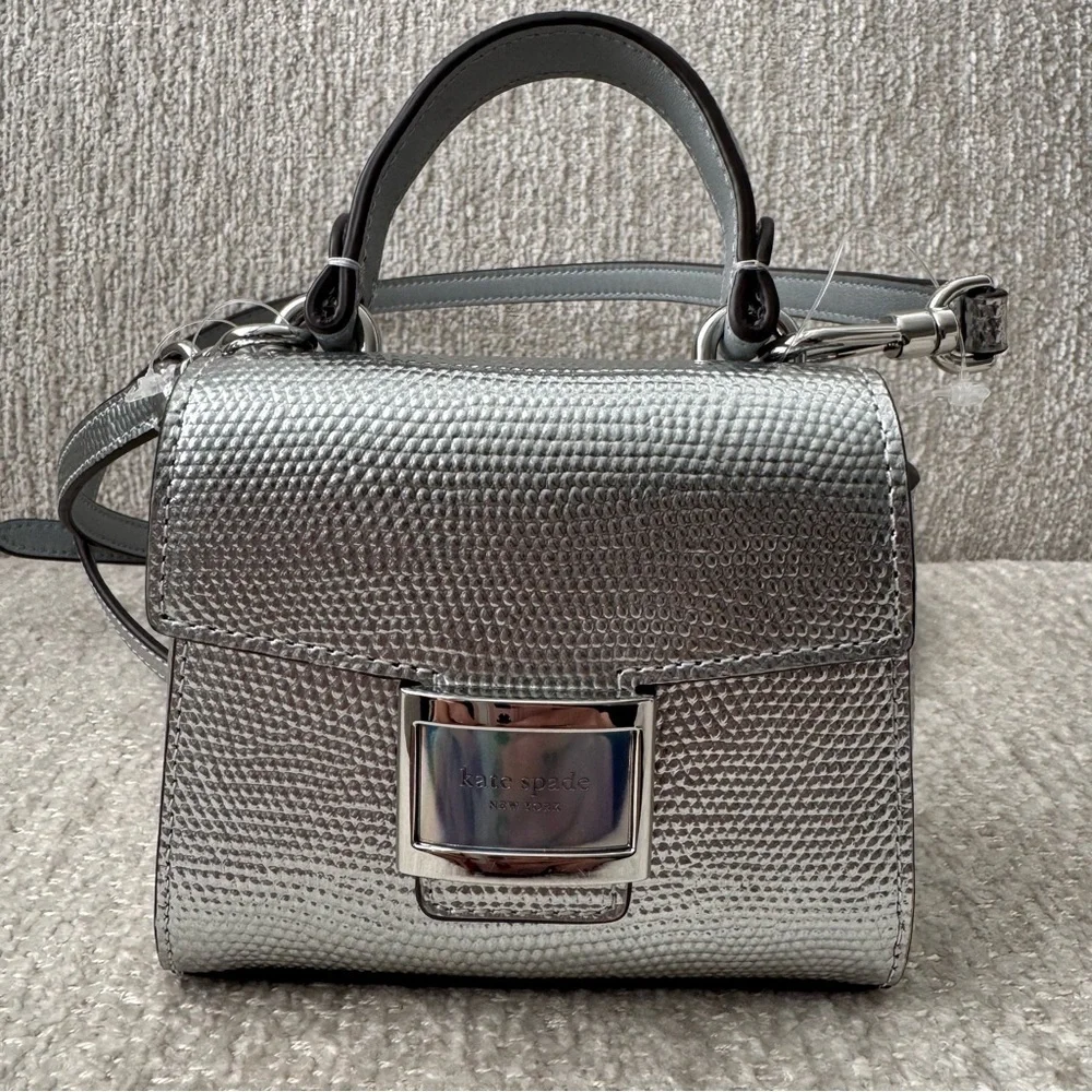 NWT Kate Spade Katy Silver Lizard Embossed Micro Crossbody